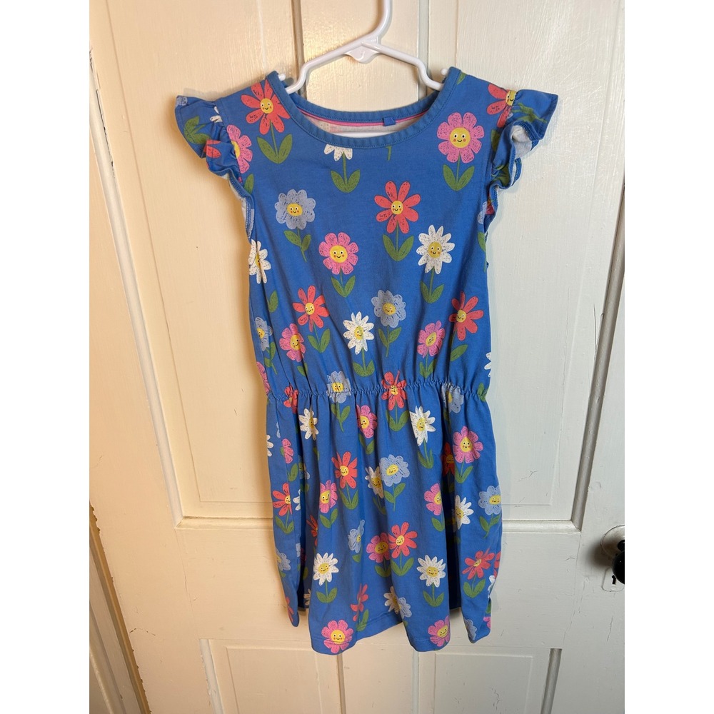 Mini Boden Girls Blue Smiling Flower Flutter Sleeve Cotton Dress 8-9Y 134cm